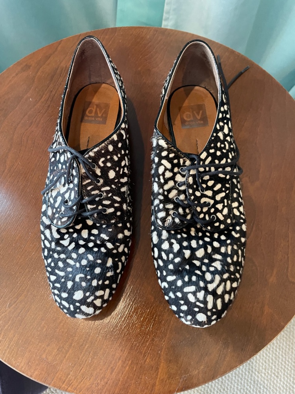 DV by Dolce Vita Black and White Spot Haircalf Lace-Up Oxfords